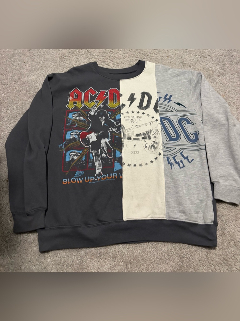 AC/DC Patchwork Crewneck Sweater in Black, Cream & Gray